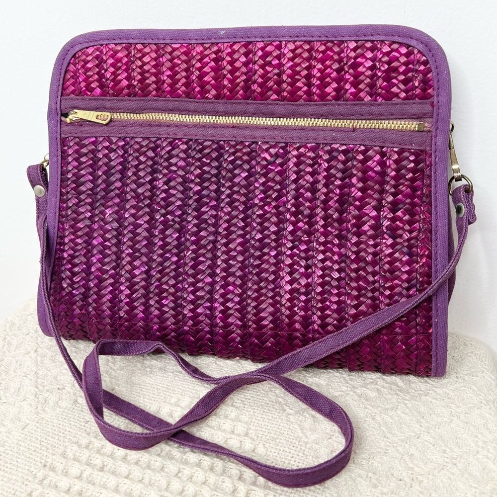 80s Vintage Purple Straw Woven Shoulder Purse Handbag Holiday Fair